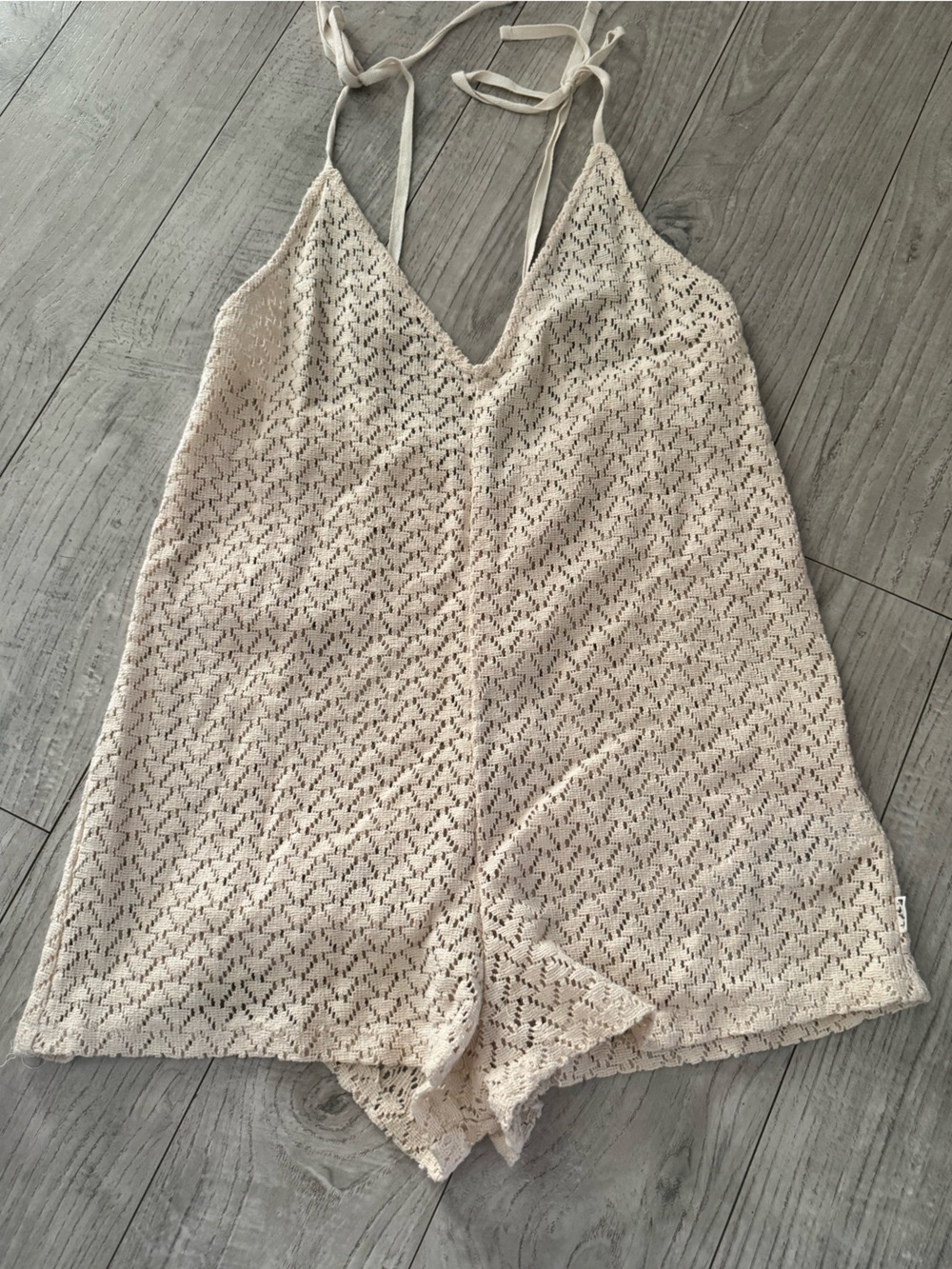 Roxy Cream Crochet Tie-Straps Romper Coverall